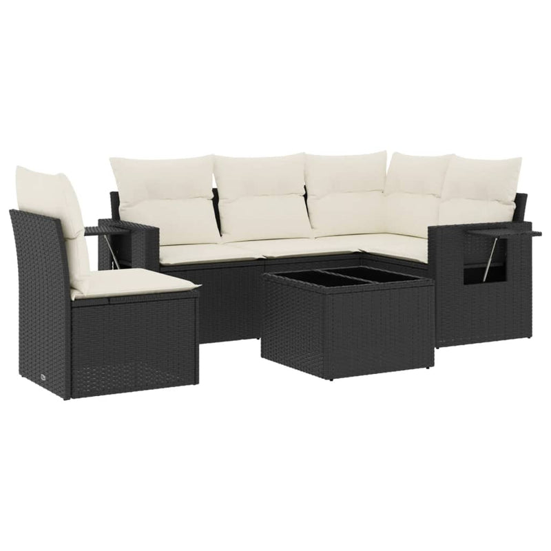 6-delige Loungeset met kussens poly rattan zwart