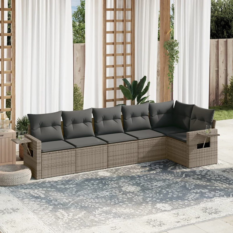 6-delige Loungeset met kussens poly rattan grijs