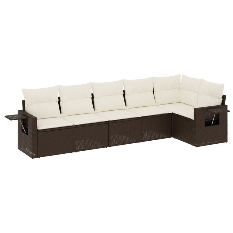 6-delige Loungeset met kussens poly rattan bruin