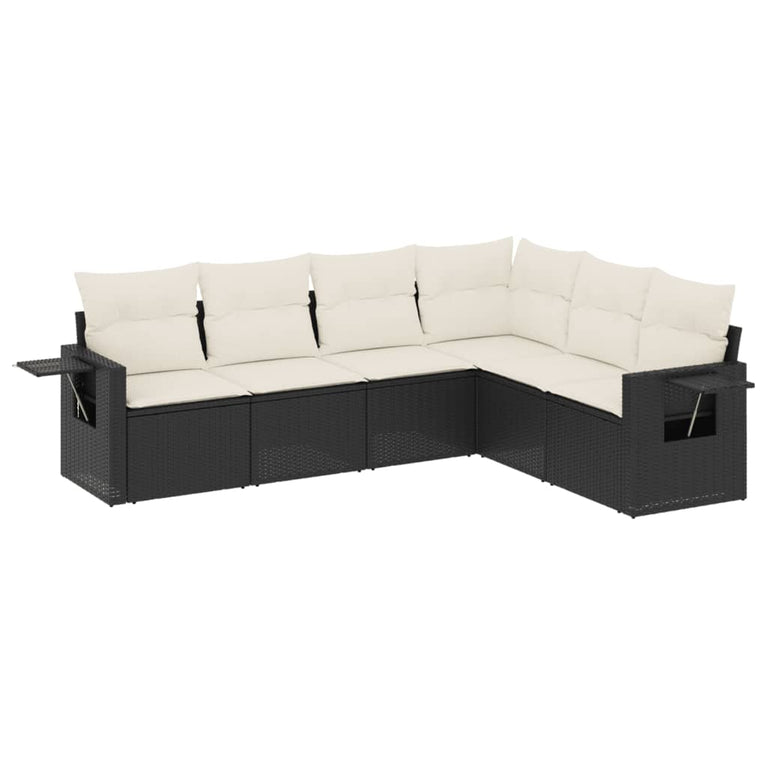 6-delige Loungeset met kussens poly rattan zwart