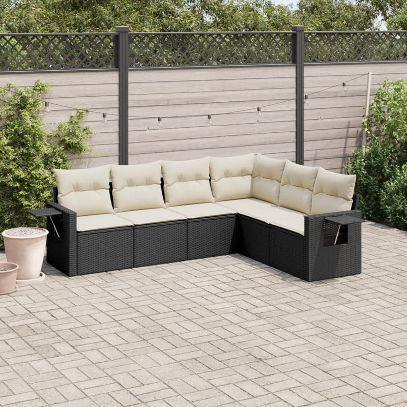 6-delige Loungeset met kussens poly rattan zwart