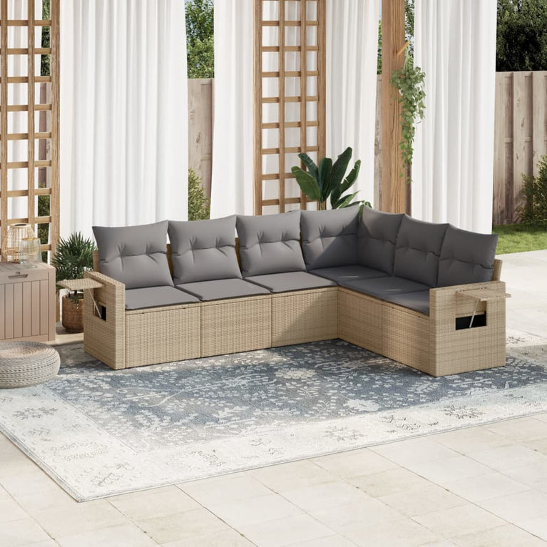 6-delige Loungeset met kussens poly rattan beige