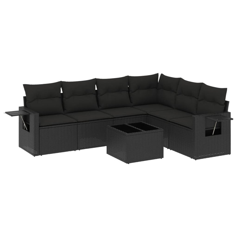7-delige Loungeset met kussens poly rattan zwart