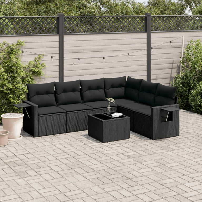 7-delige Loungeset met kussens poly rattan zwart