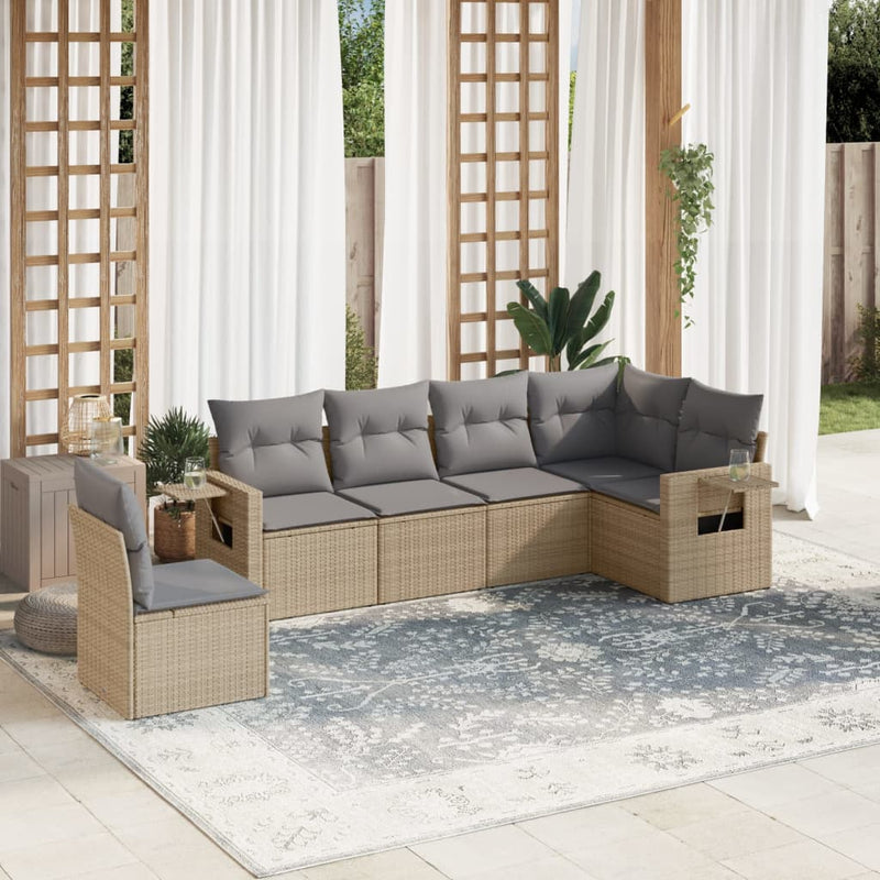 6-delige Loungeset met kussens poly rattan beige