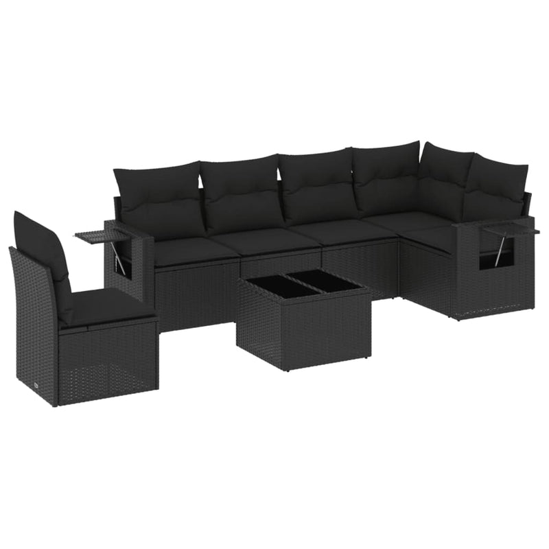7-delige Loungeset met kussens poly rattan zwart