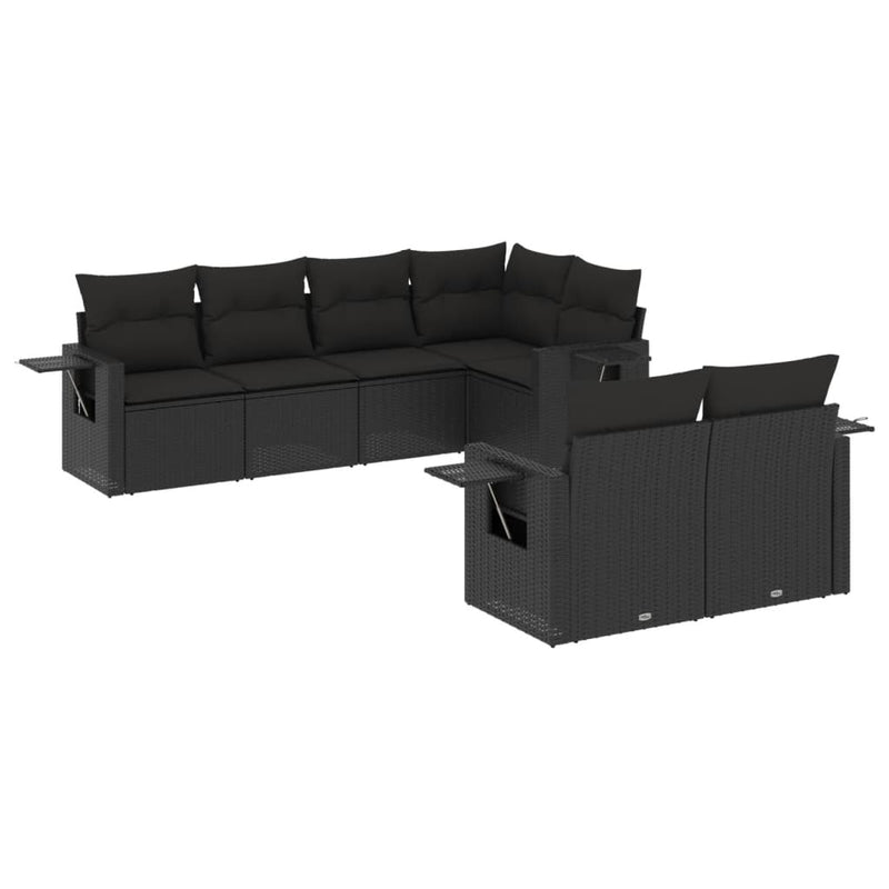 7-delige Loungeset met kussens poly rattan zwart
