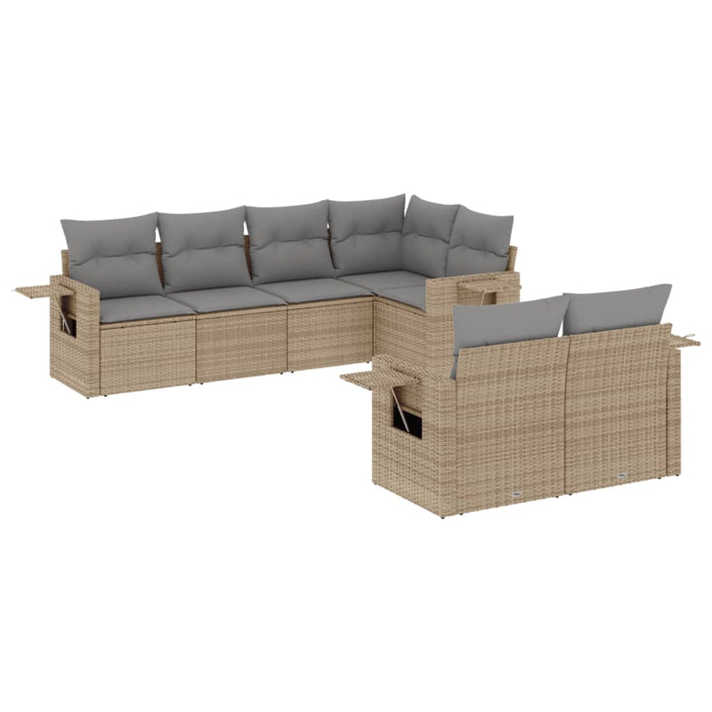 7-delige Loungeset met kussens poly rattan beige