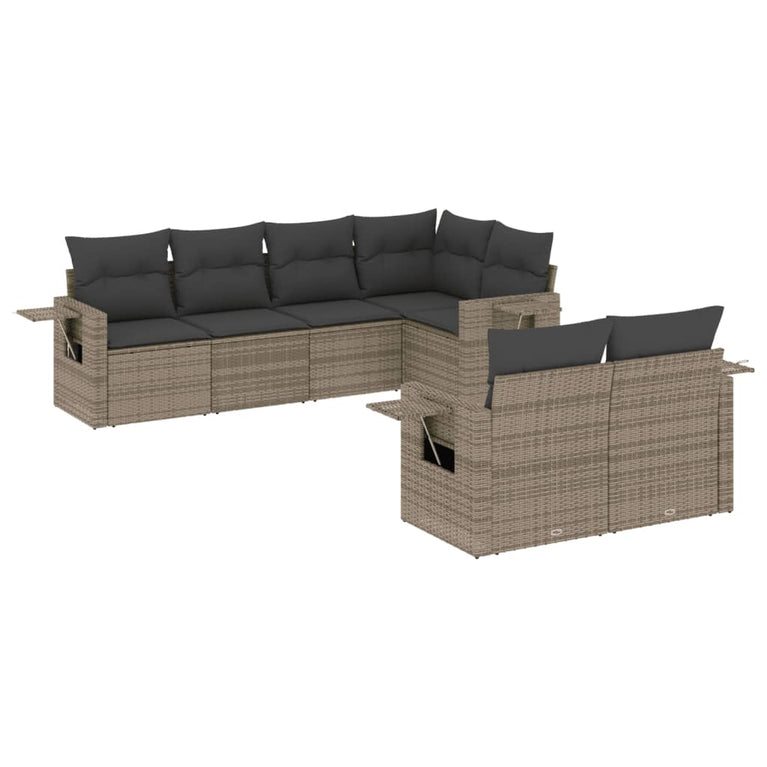 7-delige Loungeset met kussens poly rattan grijs
