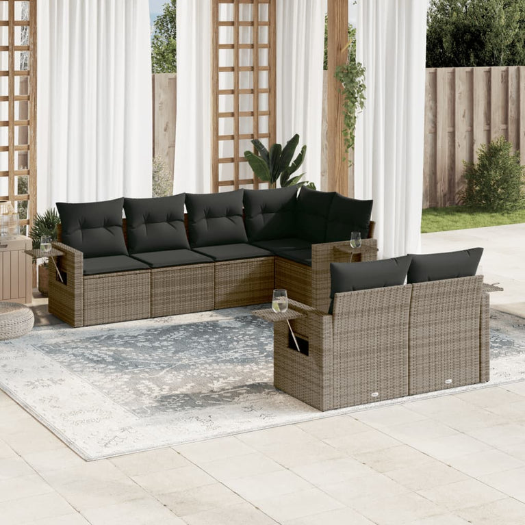 7-delige Loungeset met kussens poly rattan grijs