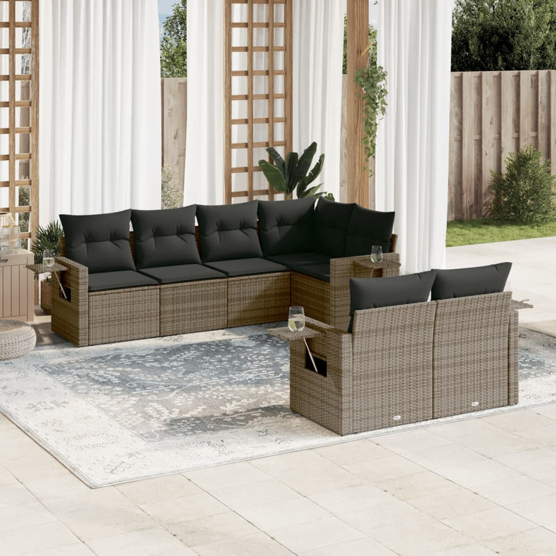 7-delige Loungeset met kussens poly rattan grijs