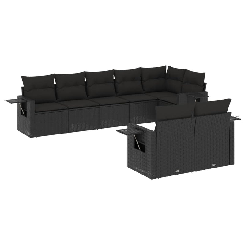 8-delige Loungeset met kussens poly rattan zwart