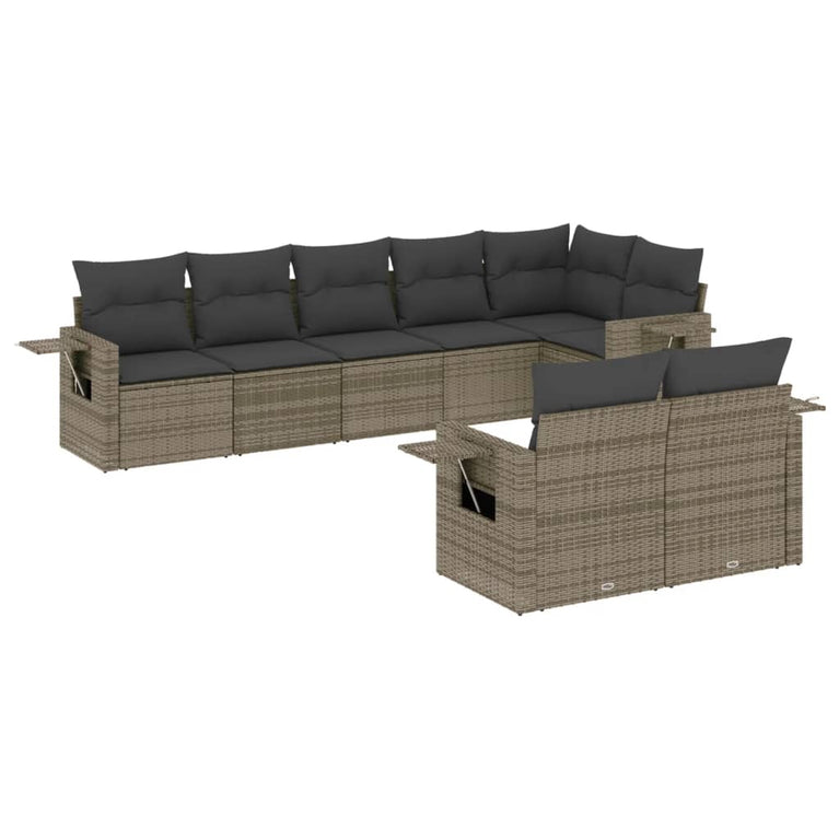 8-delige Loungeset met kussens poly rattan grijs