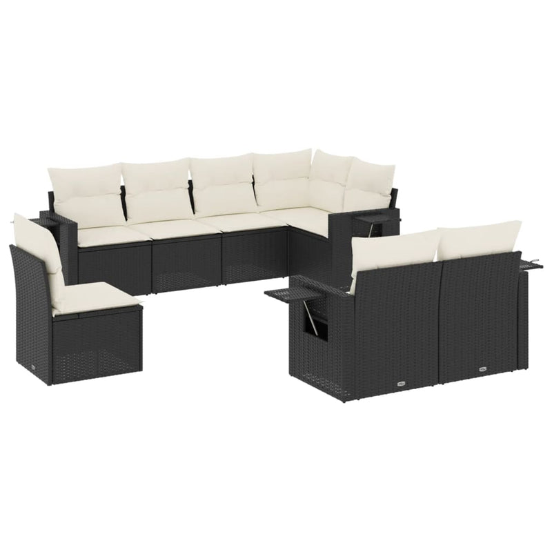 8-delige Loungeset met kussens poly rattan zwart