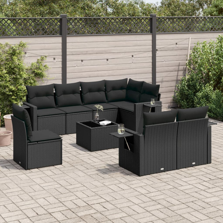 9-delige Loungeset met kussens poly rattan zwart
