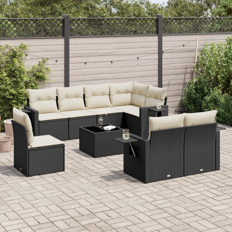 9-delige Loungeset met kussens poly rattan zwart