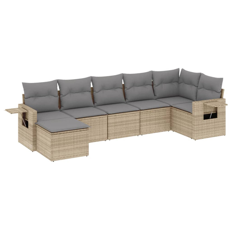 7-delige Loungeset met kussens poly rattan beige