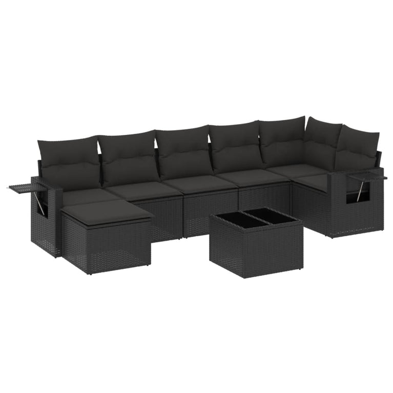 8-delige Loungeset met kussens poly rattan zwart