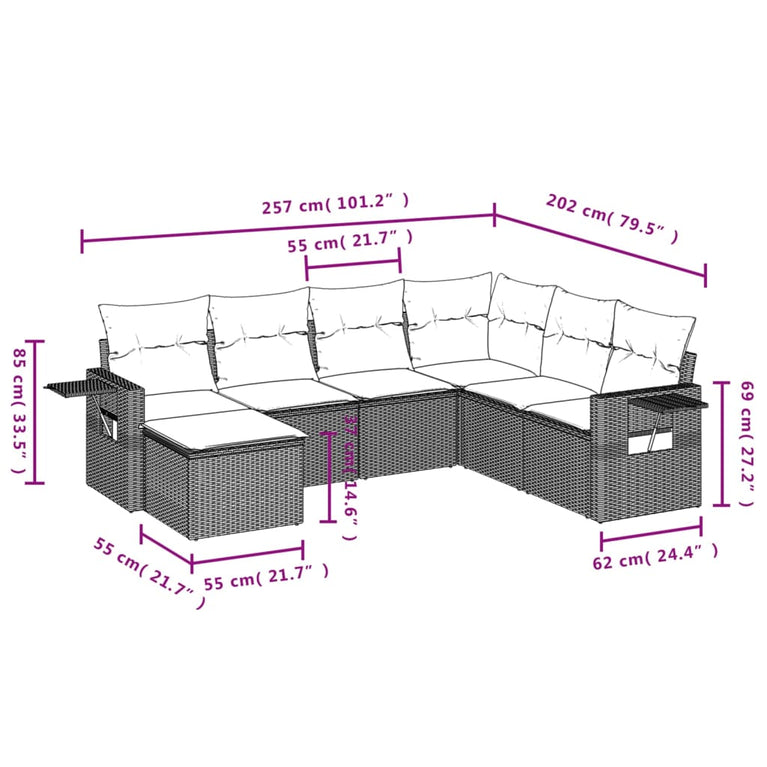 7-delige Loungeset met kussens poly rattan zwart