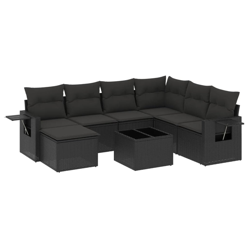 8-delige Loungeset met kussens poly rattan zwart