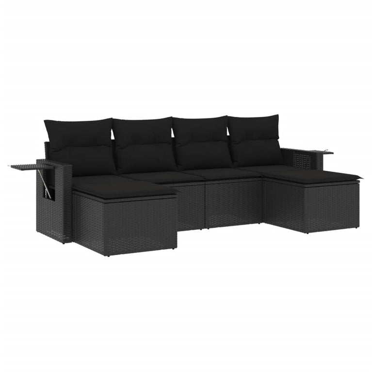 6-delige Loungeset met kussens poly rattan zwart