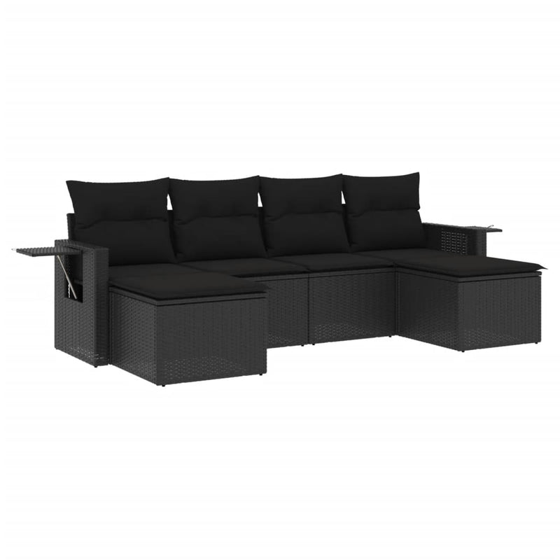 6-delige Loungeset met kussens poly rattan zwart