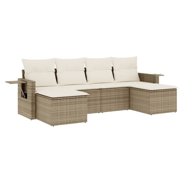 6-delige Loungeset met kussens poly rattan beige