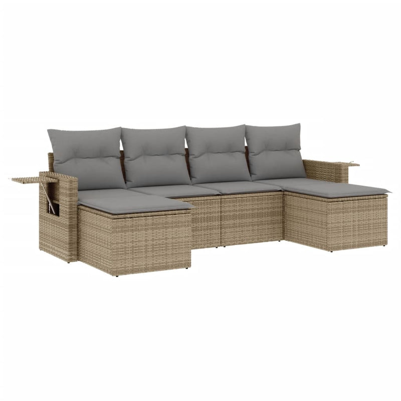 6-delige Loungeset met kussens poly rattan beige