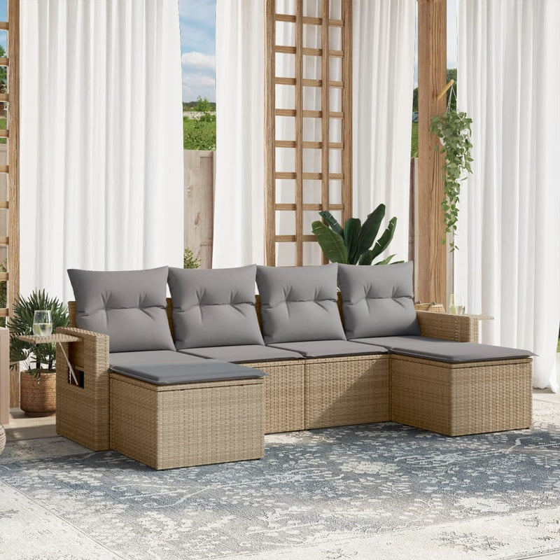 6-delige Loungeset met kussens poly rattan beige