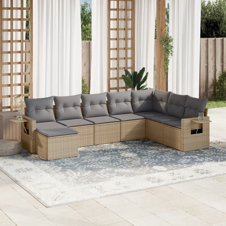 8-delige Loungeset met kussens poly rattan beige