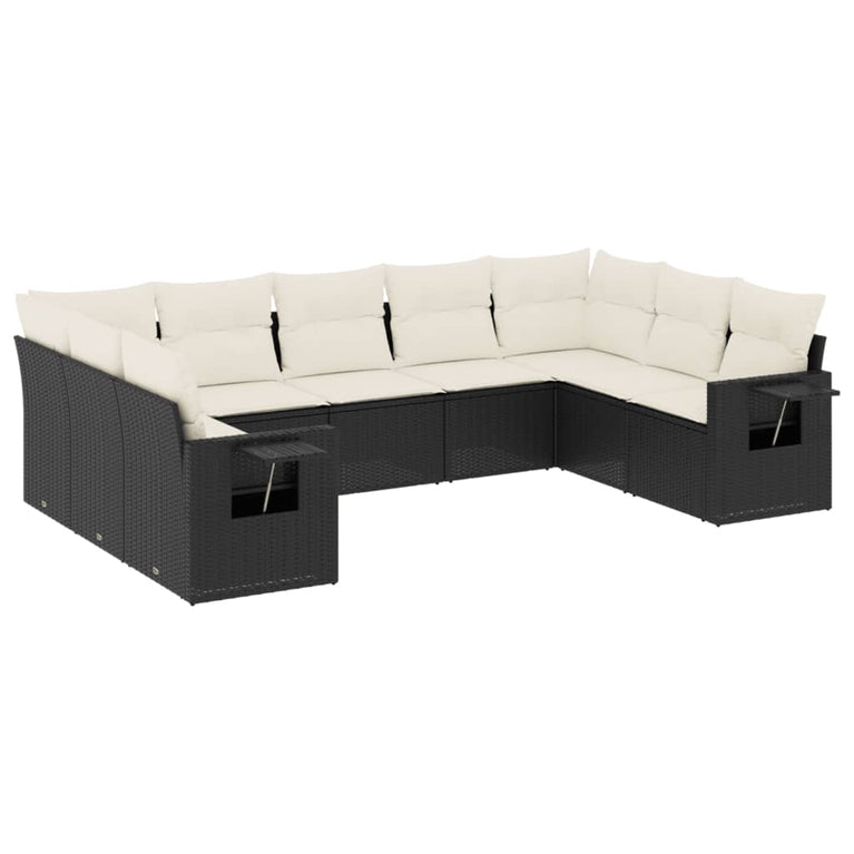 9-delige Loungeset met kussens poly rattan zwart