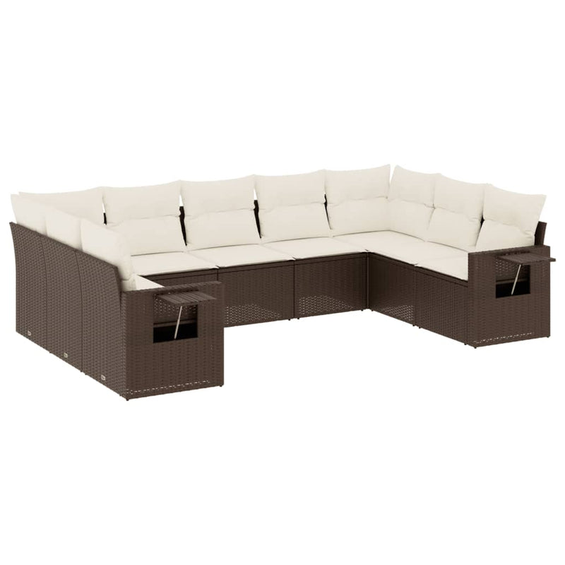 9-delige Loungeset met kussens poly rattan bruin