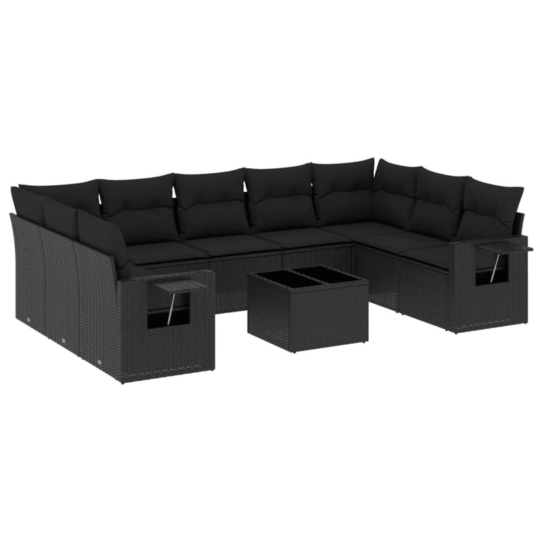 10-delige Loungeset met kussens poly rattan zwart
