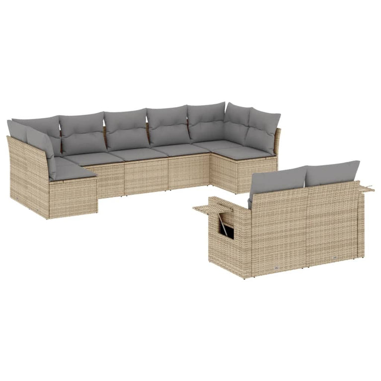 9-delige Loungeset met kussens poly rattan beige
