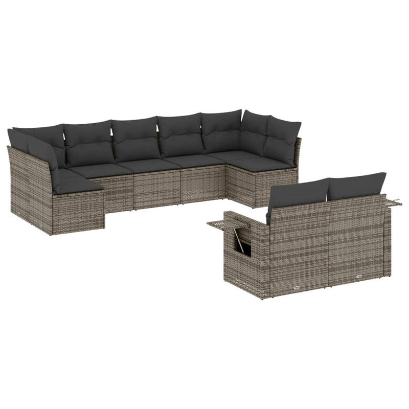 9-delige Loungeset met kussens poly rattan grijs