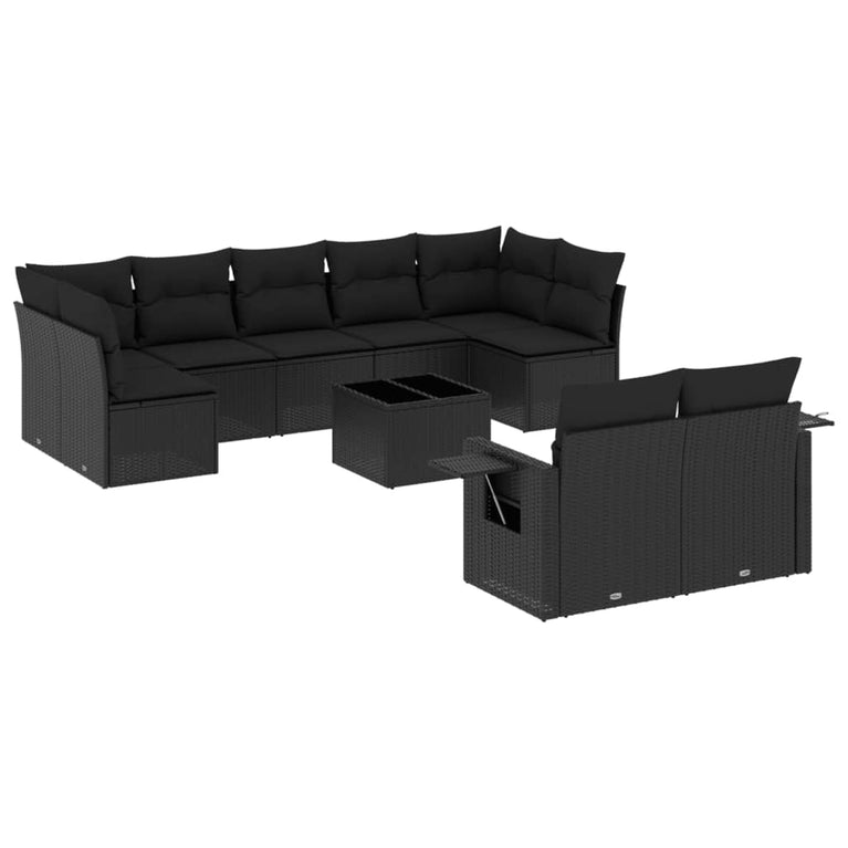 10-delige Loungeset met kussens poly rattan zwart