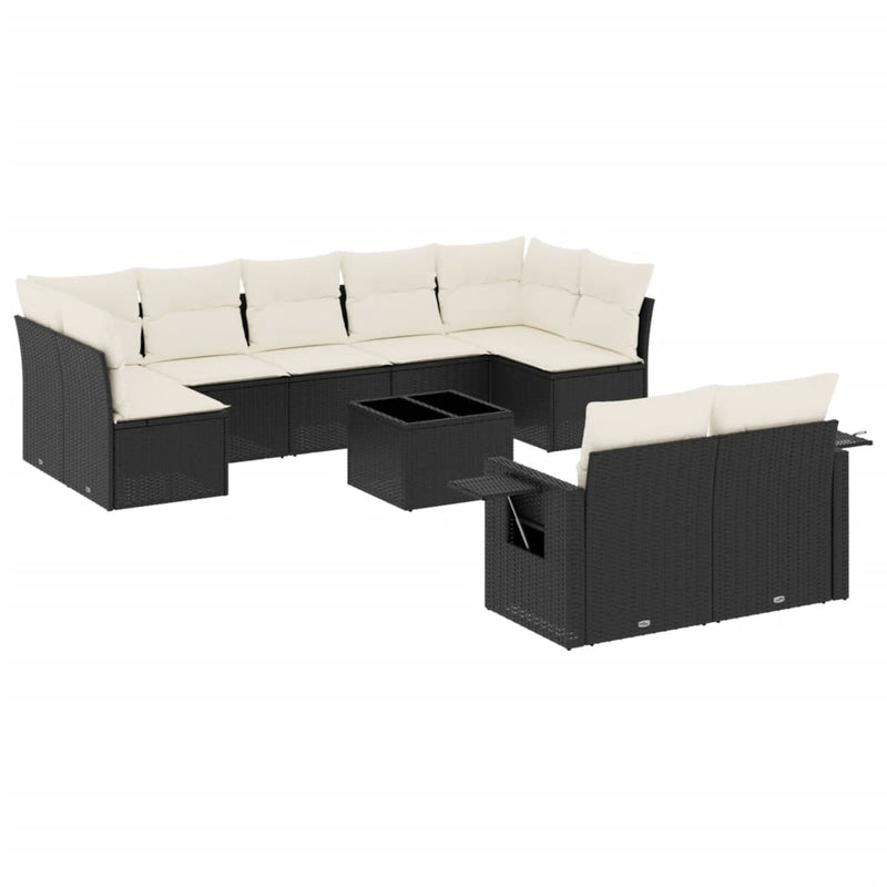 10-delige Loungeset met kussens poly rattan zwart