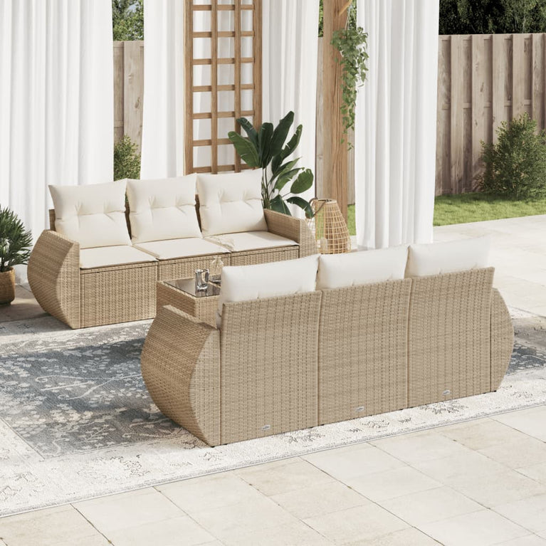 7-delige Loungeset met kussens poly rattan beige