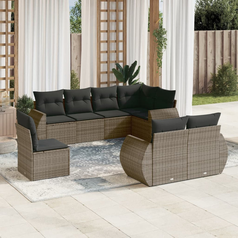 8-delige Loungeset met kussens poly rattan grijs