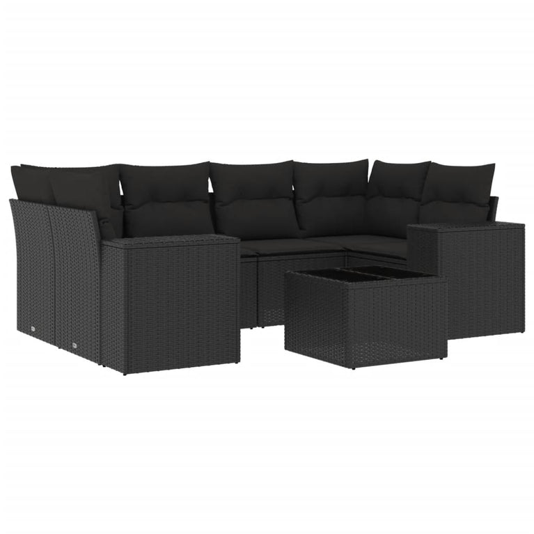 7-delige Loungeset met kussens poly rattan zwart