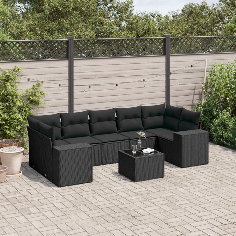 8-delige Loungeset met kussens poly rattan zwart