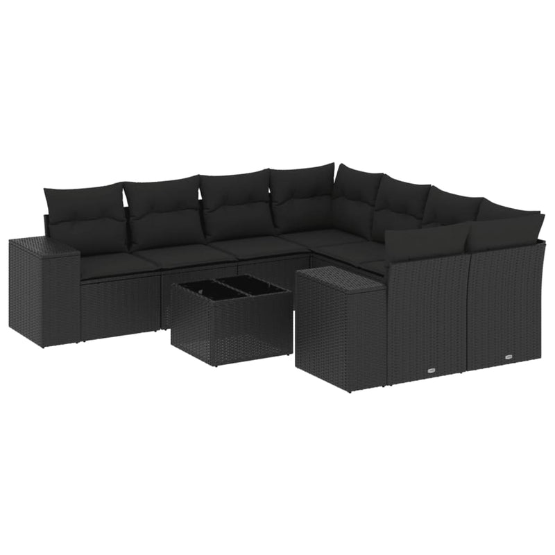 9-delige Loungeset met kussens poly rattan zwart