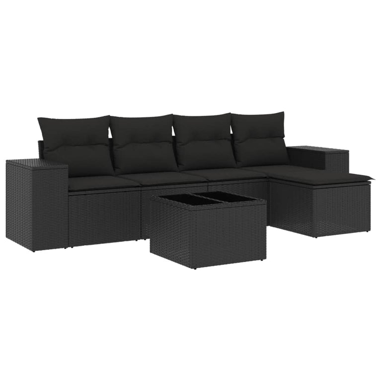 6-delige Loungeset met kussens poly rattan zwart
