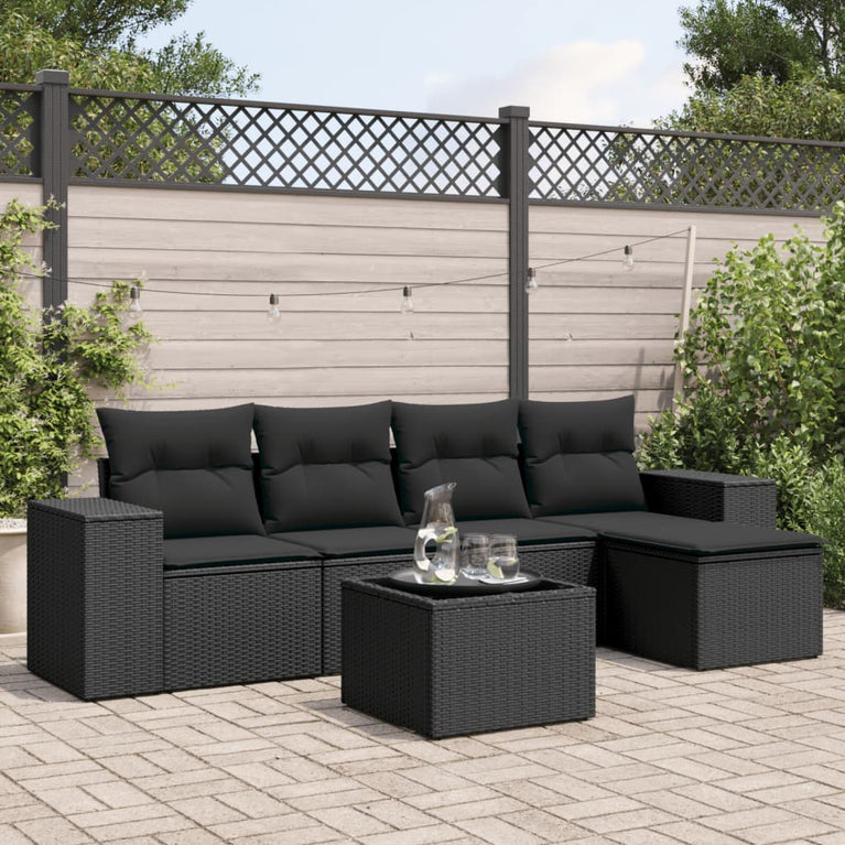 6-delige Loungeset met kussens poly rattan zwart