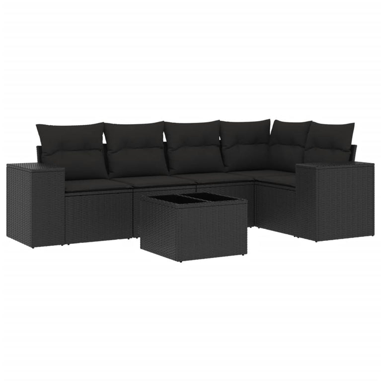 6-delige Loungeset met kussens poly rattan zwart