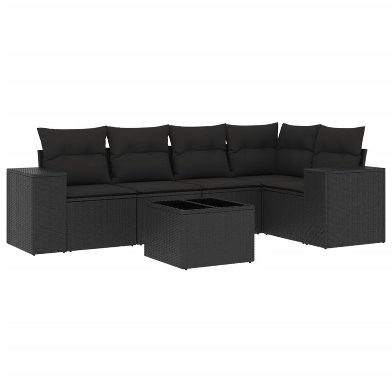 6-delige Loungeset met kussens poly rattan zwart
