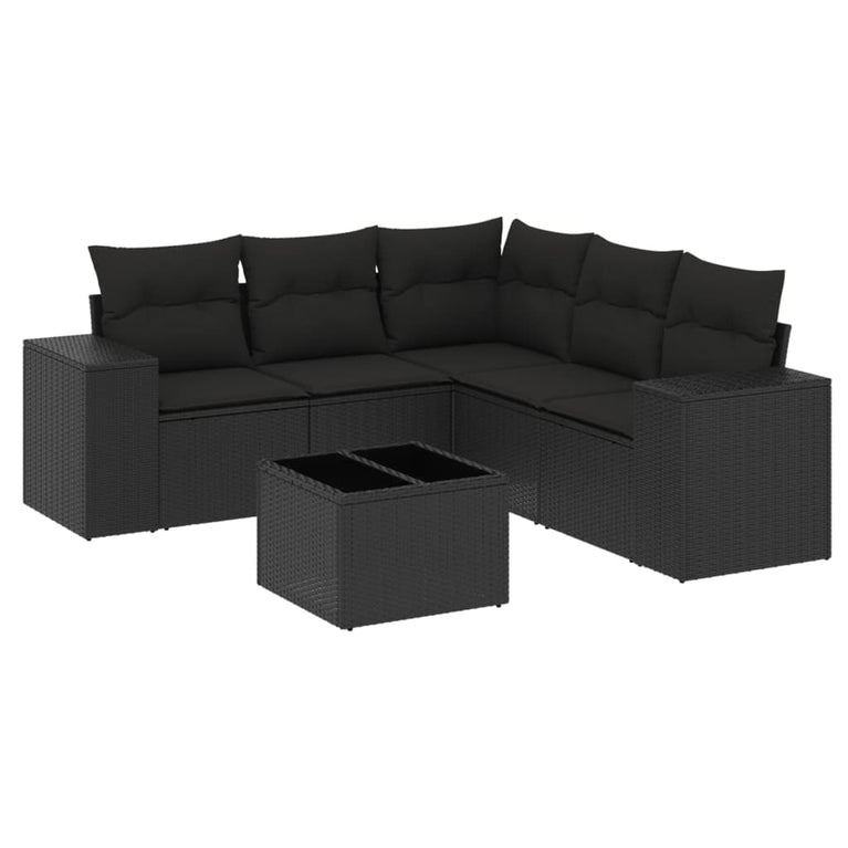 6-delige Loungeset met kussens poly rattan zwart