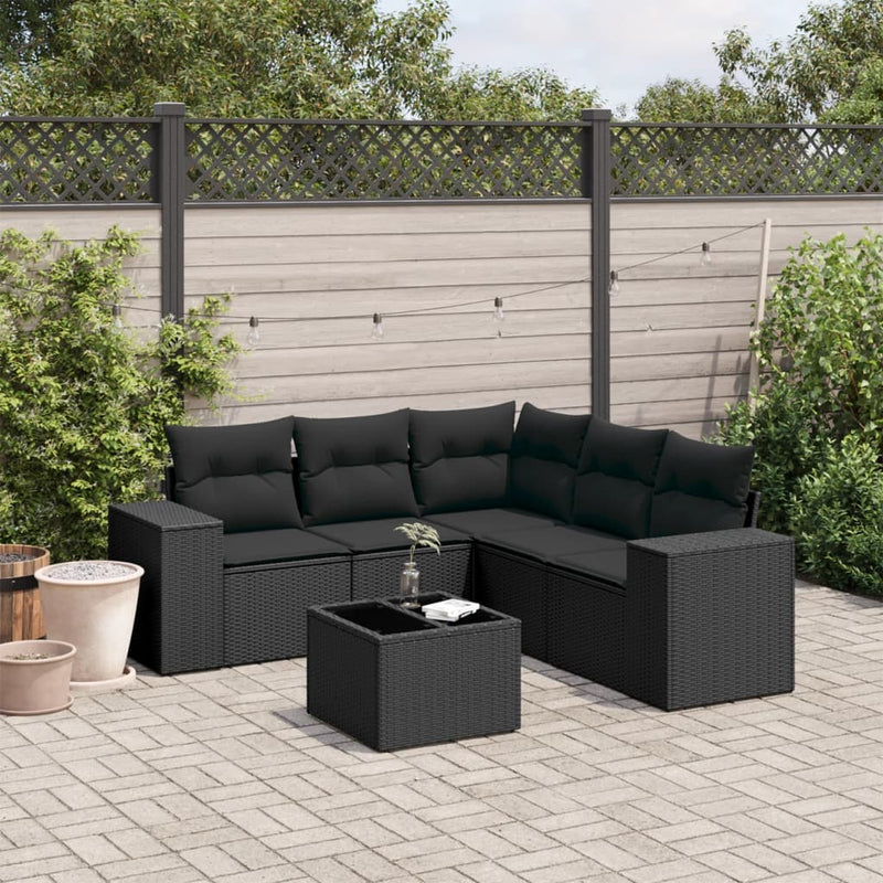 6-delige Loungeset met kussens poly rattan zwart