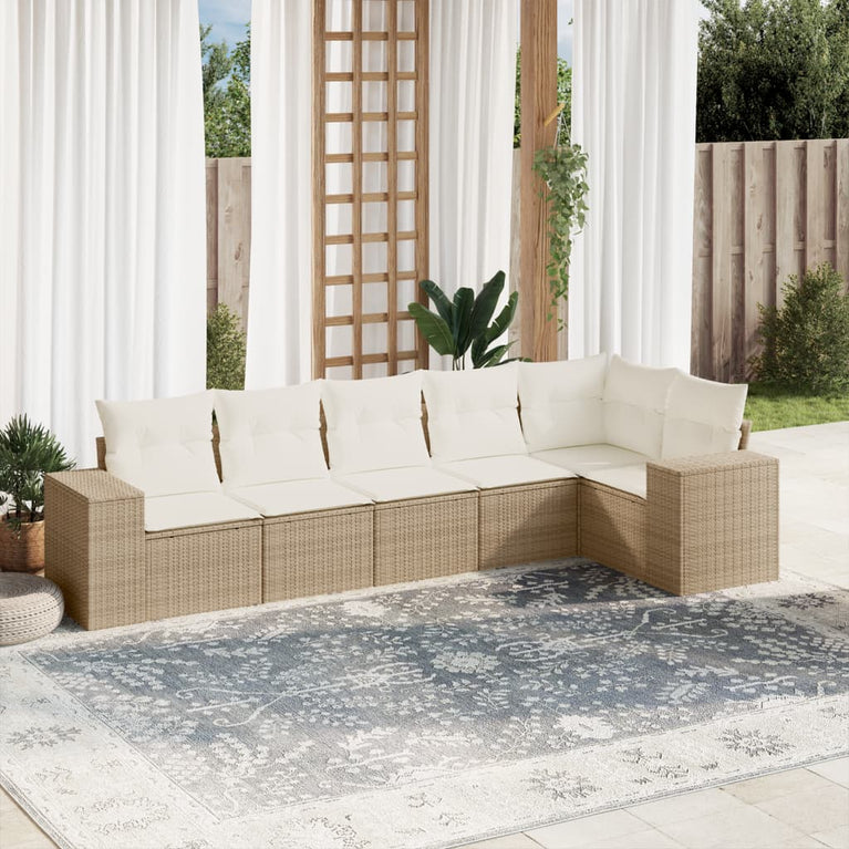 6-delige Loungeset met kussens poly rattan beige