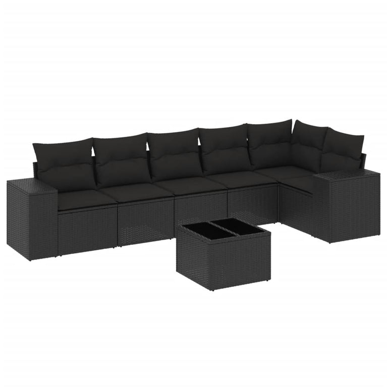 7-delige Loungeset met kussens poly rattan zwart